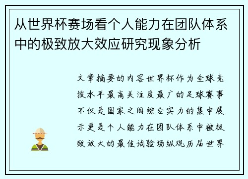 从世界杯赛场看个人能力在团队体系中的极致放大效应研究现象分析